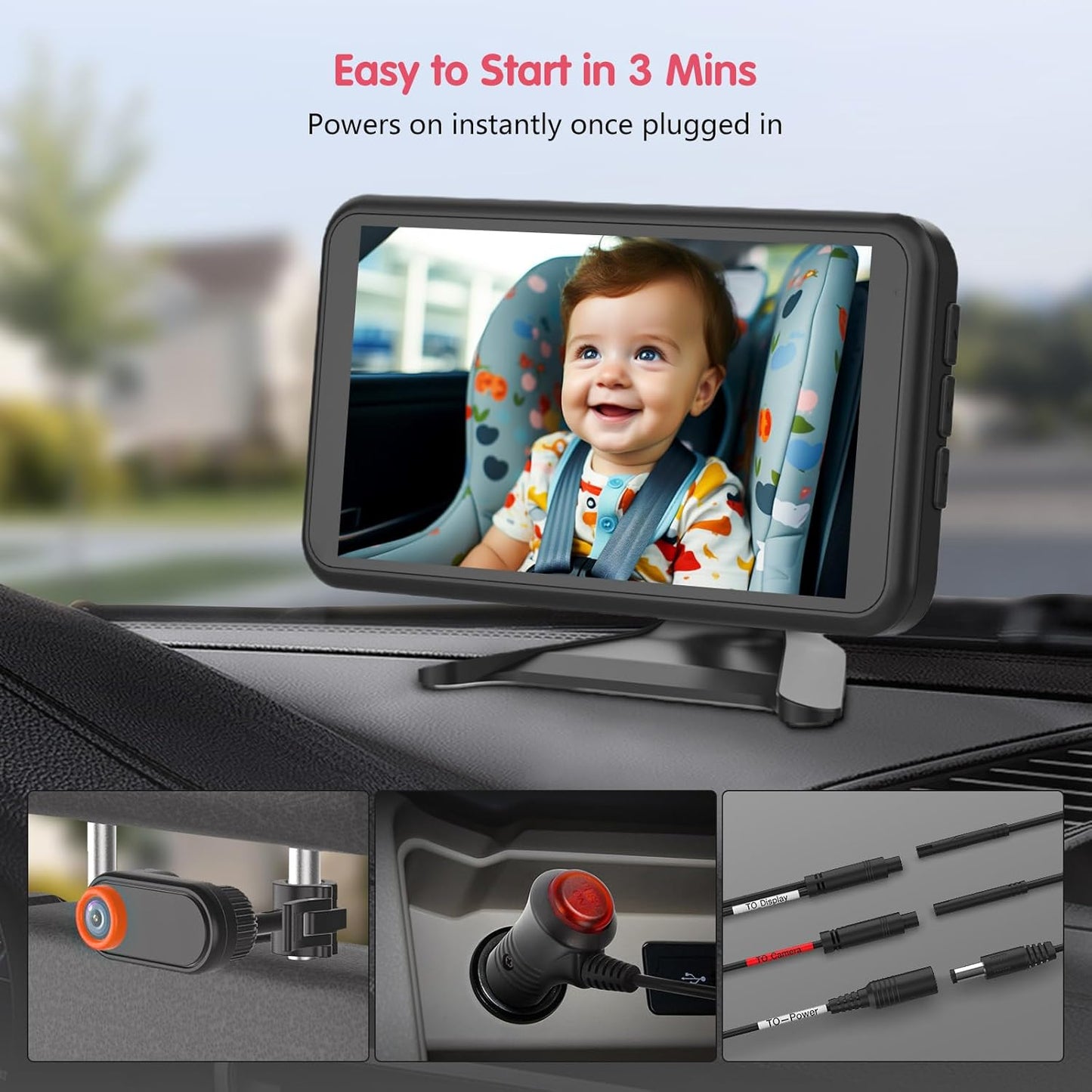BM2 Car Camera for Baby, 5.2" 1080P Screen with 3X Zoom, Clear Rear-Facing View, 360° Rotating Lens, Easy Installation – Safety for Infants and Pets
