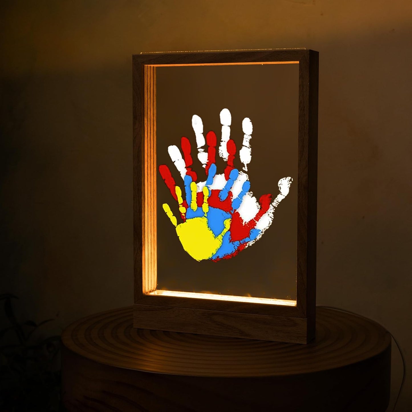 CHERRY CHEERS Family Handprint Kit with Light, Handprint Keepsake Frame, Wooden Led Light, Easy Install, No Need Screw etc, Non-Toxic Paints (Brown)