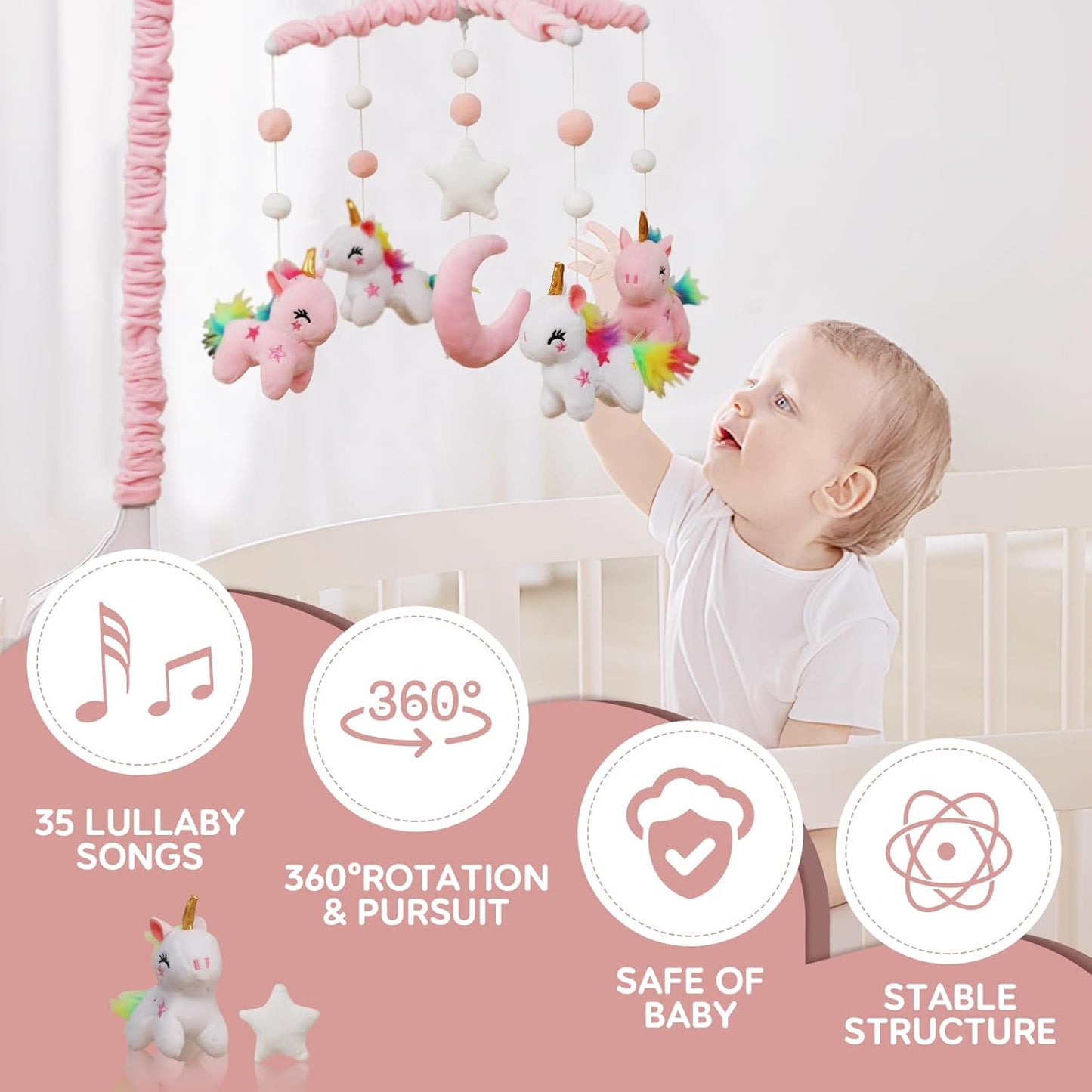 Baby Crib Mobile - Unicorn Crib Mobile for Girls with 25 Inches Mobile Arm and 35 Lullabies Musical Box, 3 Modes Digital, Volume Control, Essential Gift for Infant Bedroom Hanging Decor