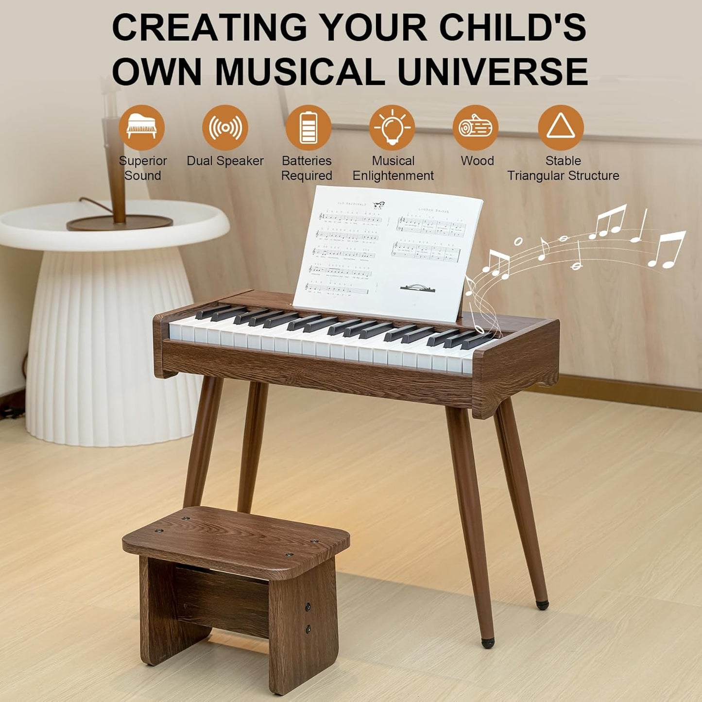 Kids Keyboard Piano, 37 Keys Digital Piano, Toddler Musical Instruments, Wooden Kids Piano with Bench, Toddler Piano for 3+ Girls and Boys, Walnut