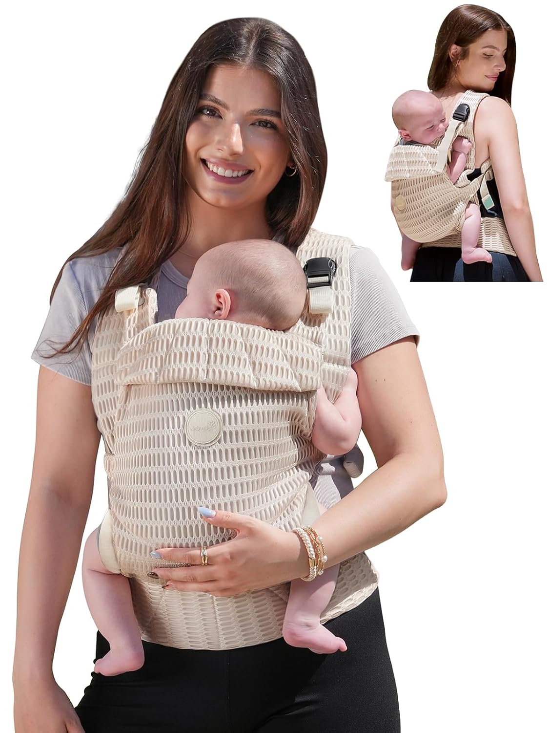 GROWNSY Baby Carrier Newborn to Toddler, Breathable Mesh Carrier(7-44lbs) with One-Click Sliding Clasp, Head Support, Ergonomic Design and Hands-Free Comfort, Almond Beige