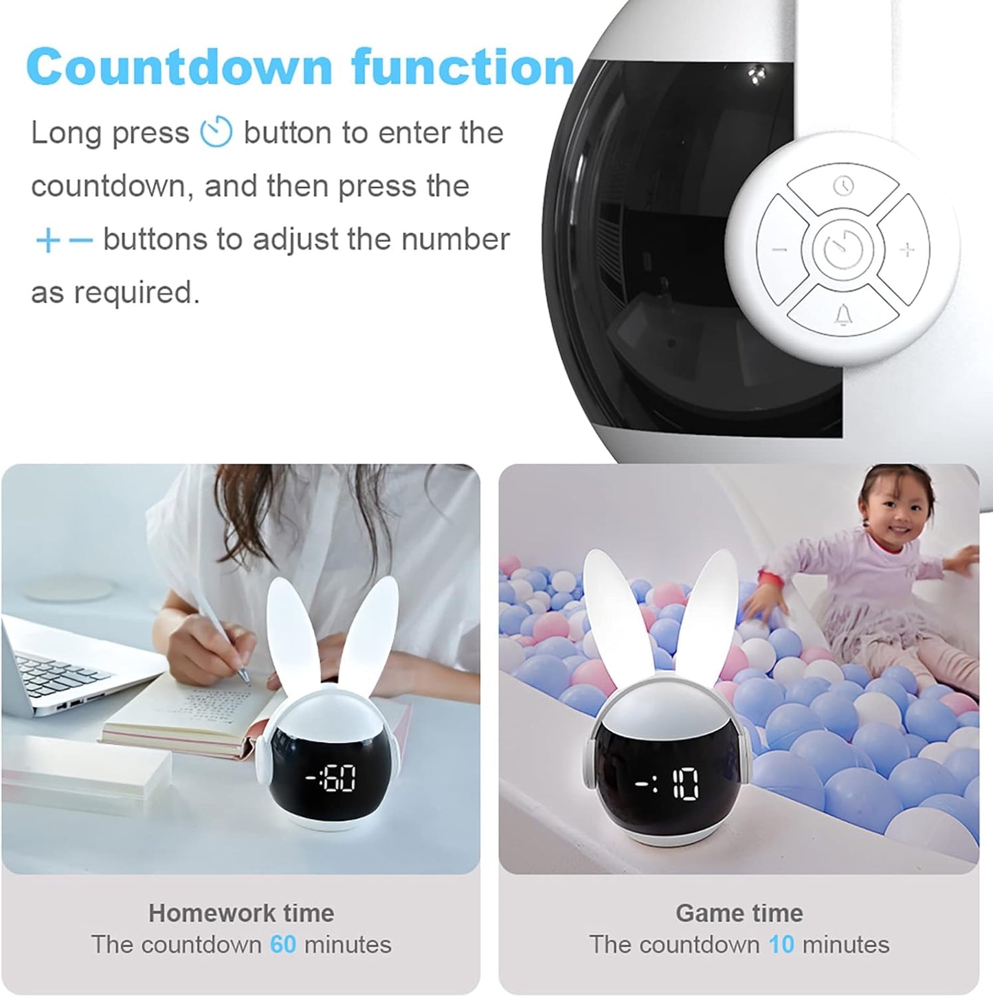 Kids Alarm Clock for Kids, Bunny Alarm Clocks for Girls Boys, White Kid Alarm Clock with Ringtones & Night Light Rechargeable Snoozing
