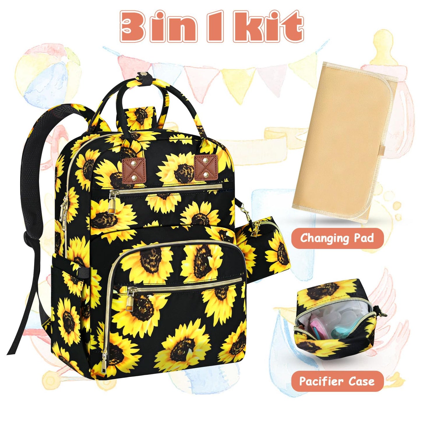 Baby Diaper Bag Backpack, Travel Diaper Bags for Baby Girl Boy Large Capacity Baby Bag Backpack for Women Sunflower