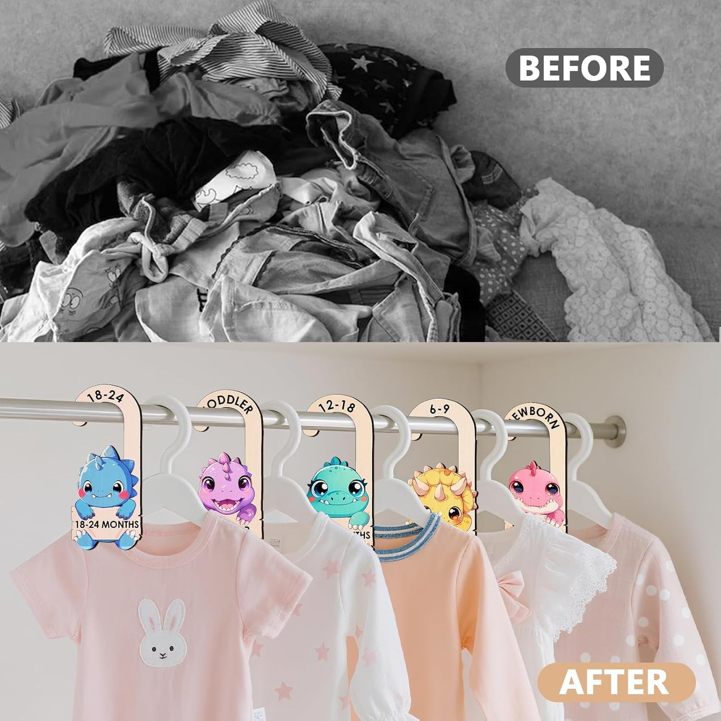 Baby Clothes Dividers for Closet - Wooden Baby Size Closet Dividers Newborn to 24 Months, Unique Dinosaur Design Babies Clothes Organizer for Nursery Decor Gender-Neutral Newborn Hangers (Set of 8)