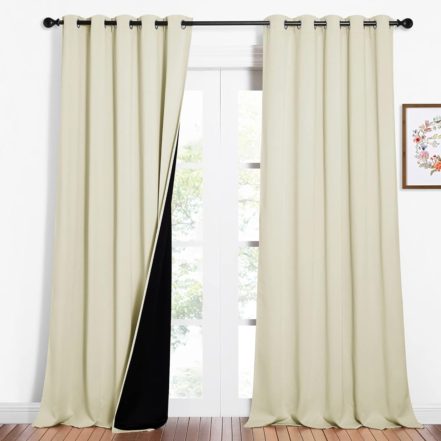 NICETOWN Living Room Completely Shaded Draperies, Privacy Protection & Noise Reducing Ring Top Drapes, Black Lined Insulated Window Treatment Curtain Panels (Beige, 2 Pieces, W62 x L95)