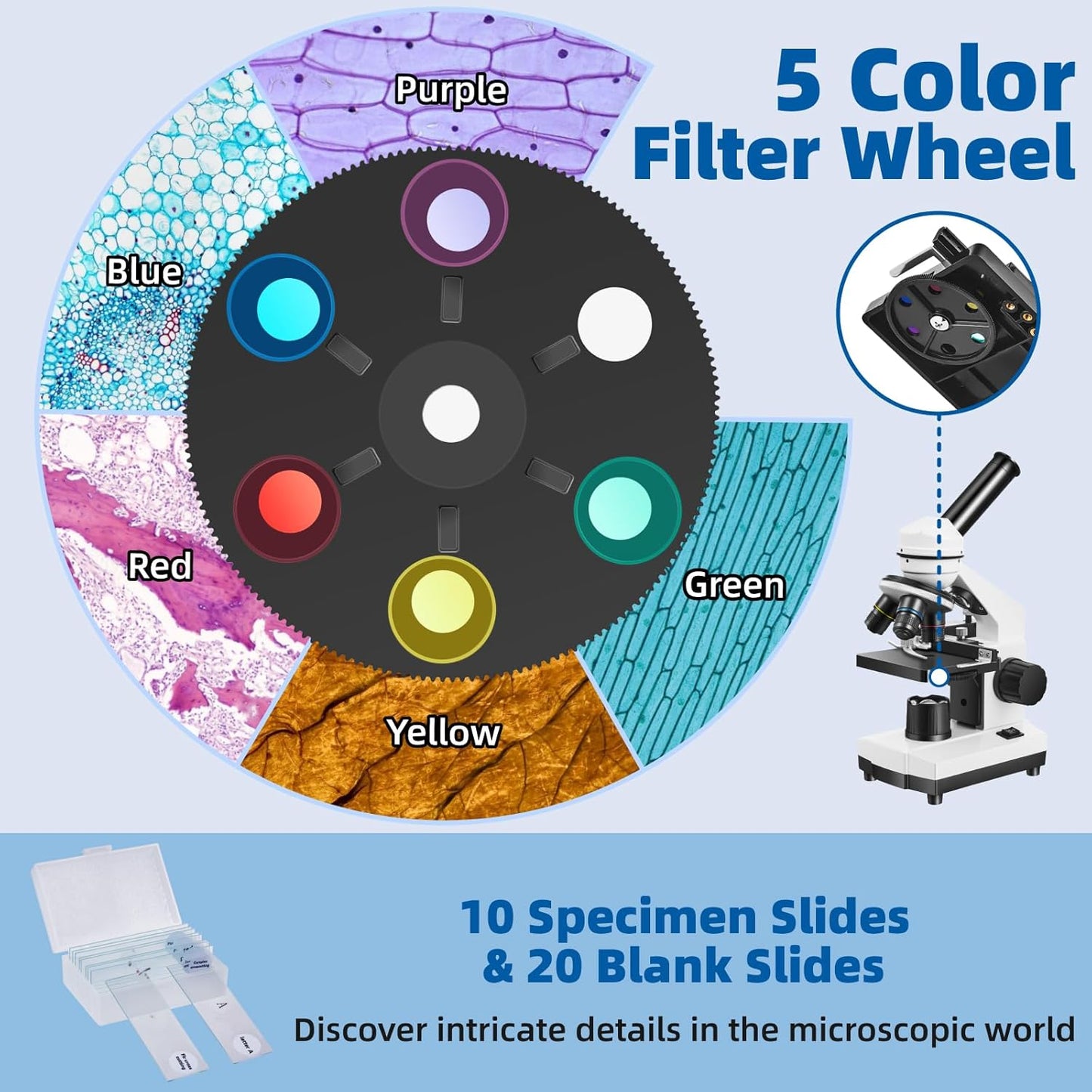 Microscope for Adults Kids,40X-2000X Monocular Microscope Kit for Home School Lab, 2 LED Lights & 5 Colors Kids Microscope with Phone Holder,10 Specimen Slides,20 Slides,100 Coverslips, Bag