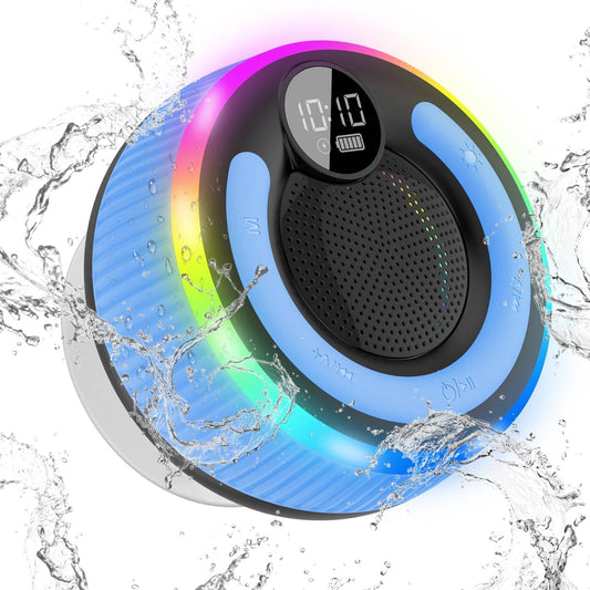 Bluetooth Speaker, HD Stereo Sound Shower Speaker, IPX7 Waterproof, Digital Display Portable with Suction Cup, LED Light, Small Wireless for Outdoor Party Beach Bathroom, Blue