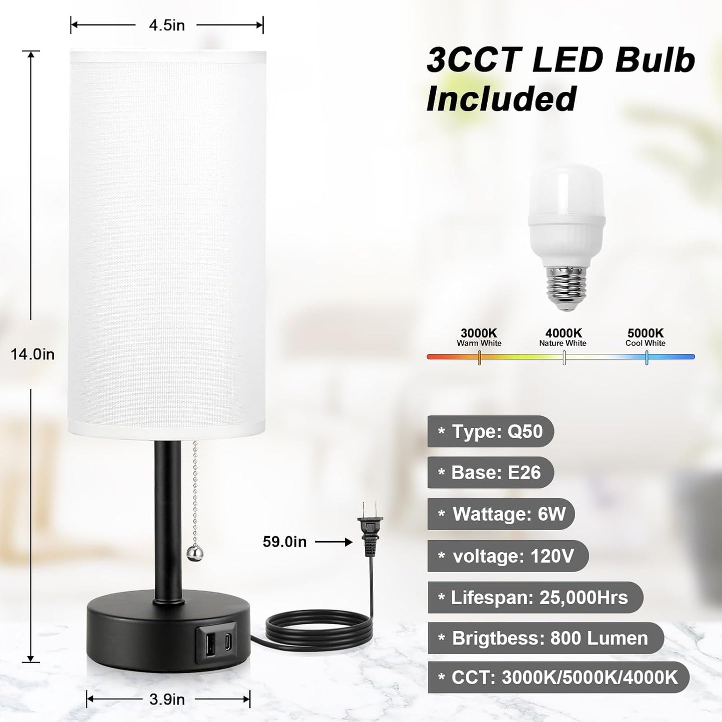 White Table Bedside Lamp for Bedroom Nightstand - Small Lamp with USB A + C Charging Port, 3 Color Temperatures Pull Chain Night Stand Light with Bulb, Side Table Desk Reading Lamp for Living Room