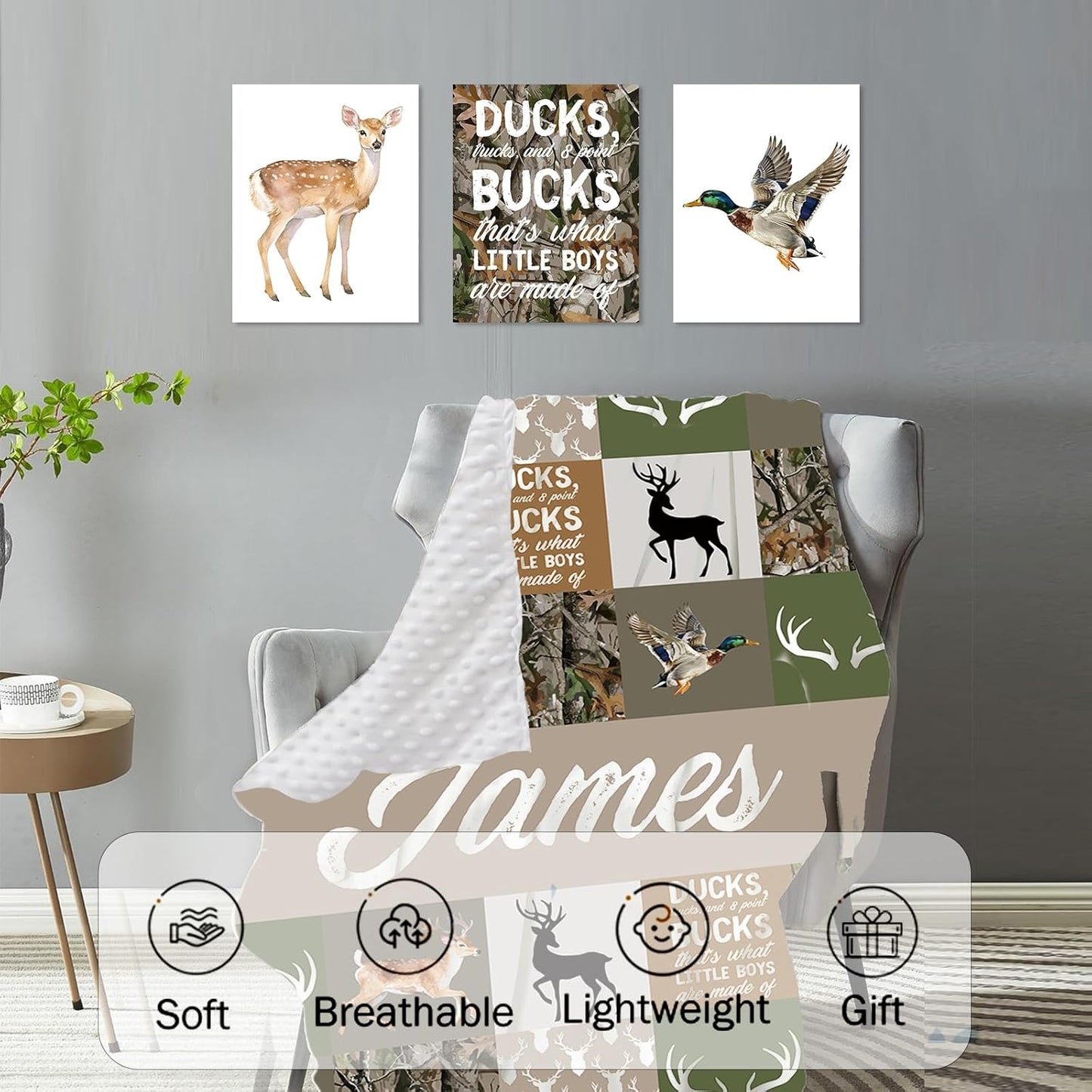 Personalized Baby Crib Bedding Set, 5-Piece Multi-grid Pattern Baby Crib Sets with Custom Name, Toddler Double Layer Blanket Fitted Sheets Changing Pad Cover Rug Wall Art Set, Charming Nursery Decor