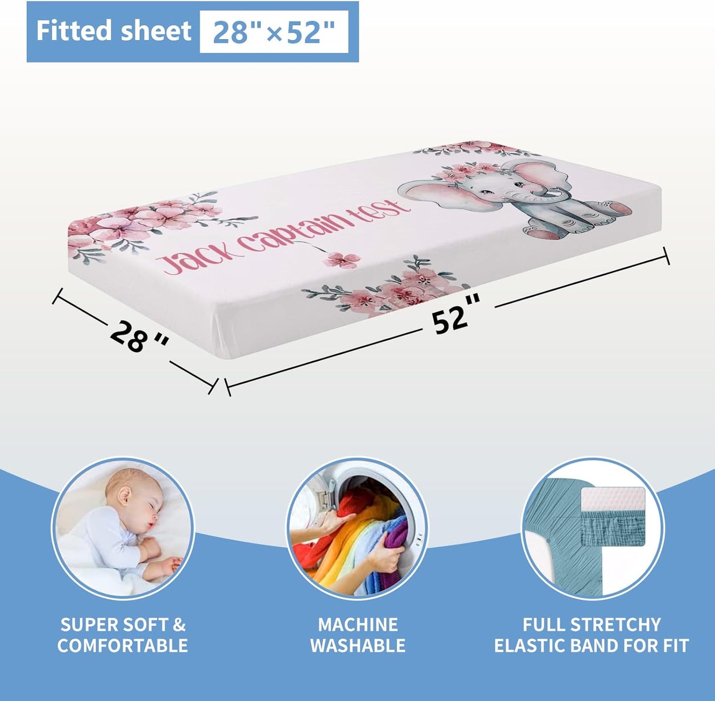 Personalized Nursery Bedding Set, 5 Pcs Custom Crib Sets, Soft Baby Girl Set with Name, Double Layer Elephant Infant Bedding Set Customized Gifts for Toddlers