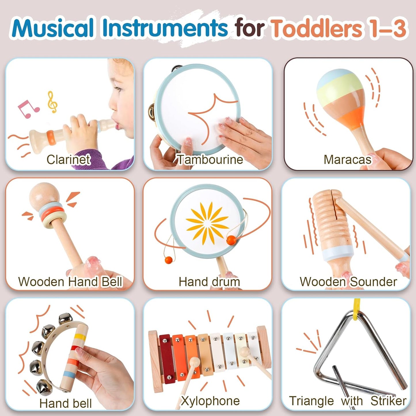 Toddler Musical Instruments-Montessori Wooden Educational Toys for Toddlers 1-3 Baby Musical Instruments Neutral Color Musical Instruments Set with Xylophone Maracas Bell Birthday Gift for Ages 1 2 3