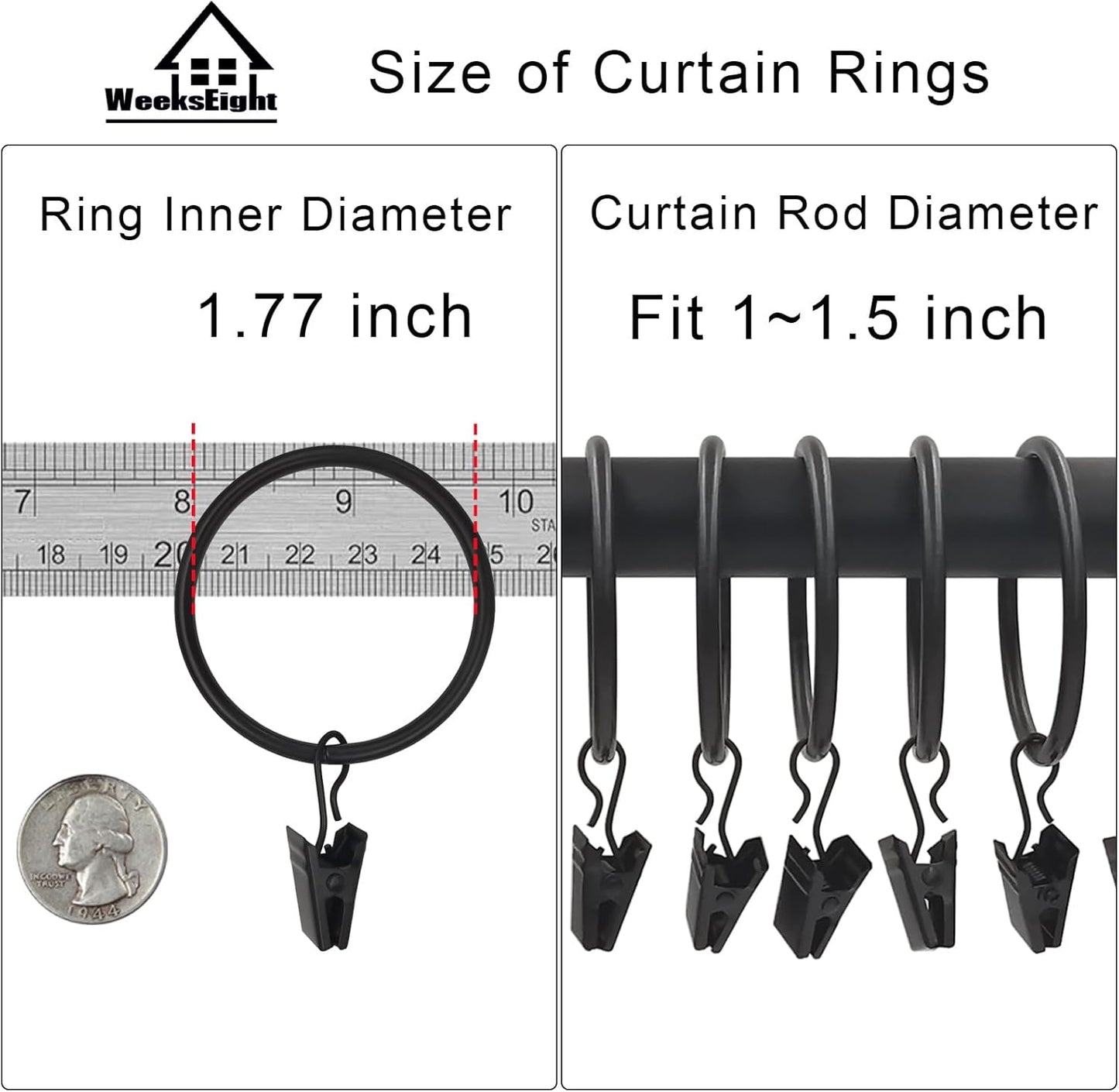 20 Pack Black Curtain Rings with Clips, Curtain Hooks Hangers Clip Rings for Hanging Drapes Bows Hat, Drapery Rings 1.77 in I D, Fits up to 1.5 in Diameter Curtain Rod.