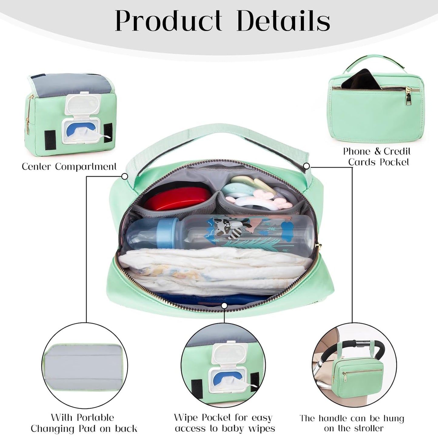 printe Small Diaper Bag with Portable Changing Pad, Crossbody Funny Bag Pack with Wipes Pocket, Women Waist Bag for Travel, Mint Green