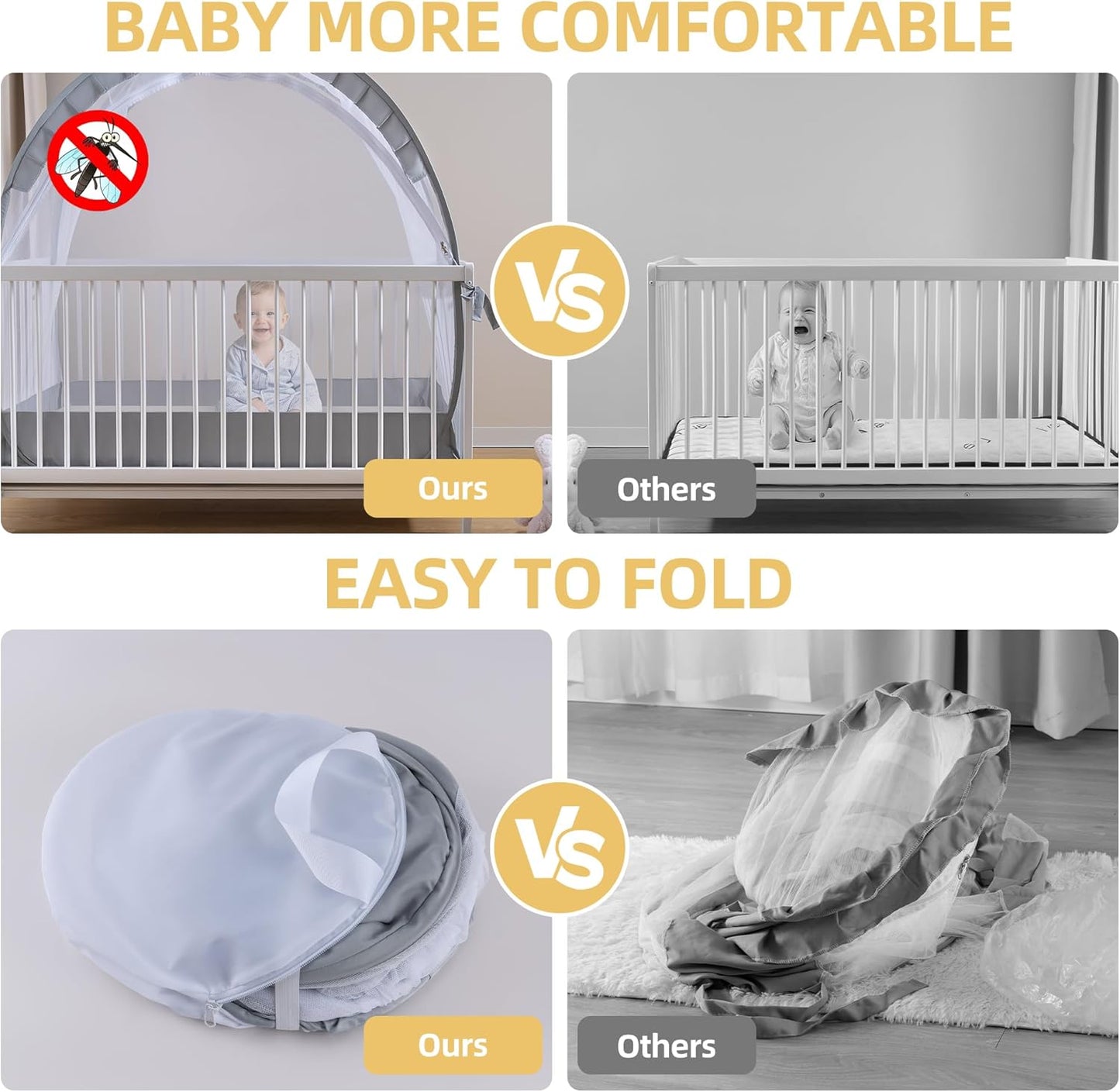 Lazyzzzz Baby Crib Tent - Pop Up Crib Canopy with Double Zipper Self-Locked,1200 Holes/Inch Mesh Crib Net to Keep Baby from Climbing Out, Portable Easy Install 55" L x 27" W x 51" H Grey