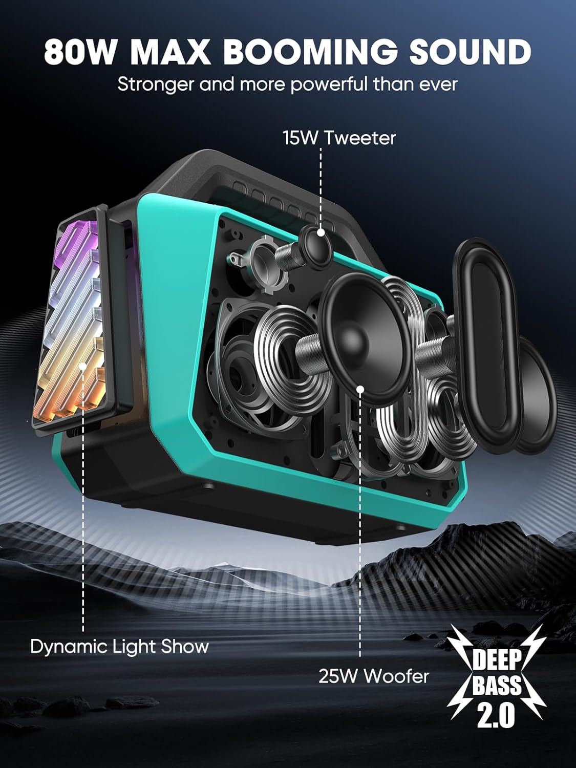 Speakers Bluetooth Wireless - Portable Speaker 80W Peak, IPX6 Waterproof, Loud Speaker with Light Show, Strong Bass, BT 5.3, TWS, 20H Playtime for Home Outdoor Beach Camping - Teal