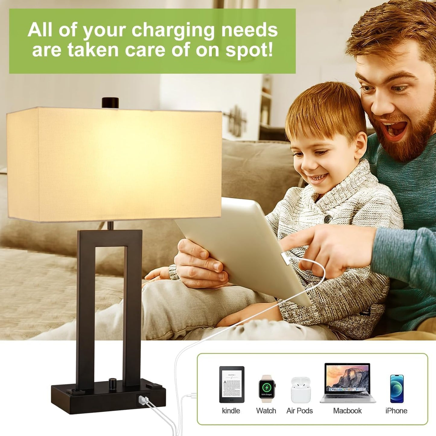 Modern Table Lamps Set of 2-22" Tall Bedside Lamps with USB-C/USB-A Charge Ports & Outlet, Stepless Dimmable Fabric White Shade Nightstand Lamps for Bedroom & Living Room