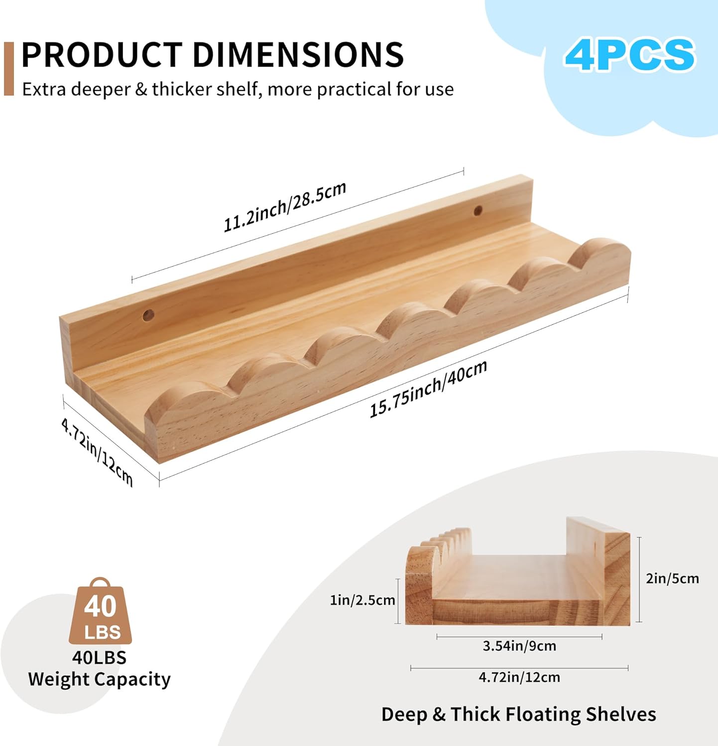 Scalloped Baby Book Shelf,Floating Shelves for Wall Set of 4 Natural Solid Pine Wood Nursery Bookshelves with Wave Lip for Bedroom Kids, Toddler Room, Baby Room, Nursery Decor(Natural,40cm)