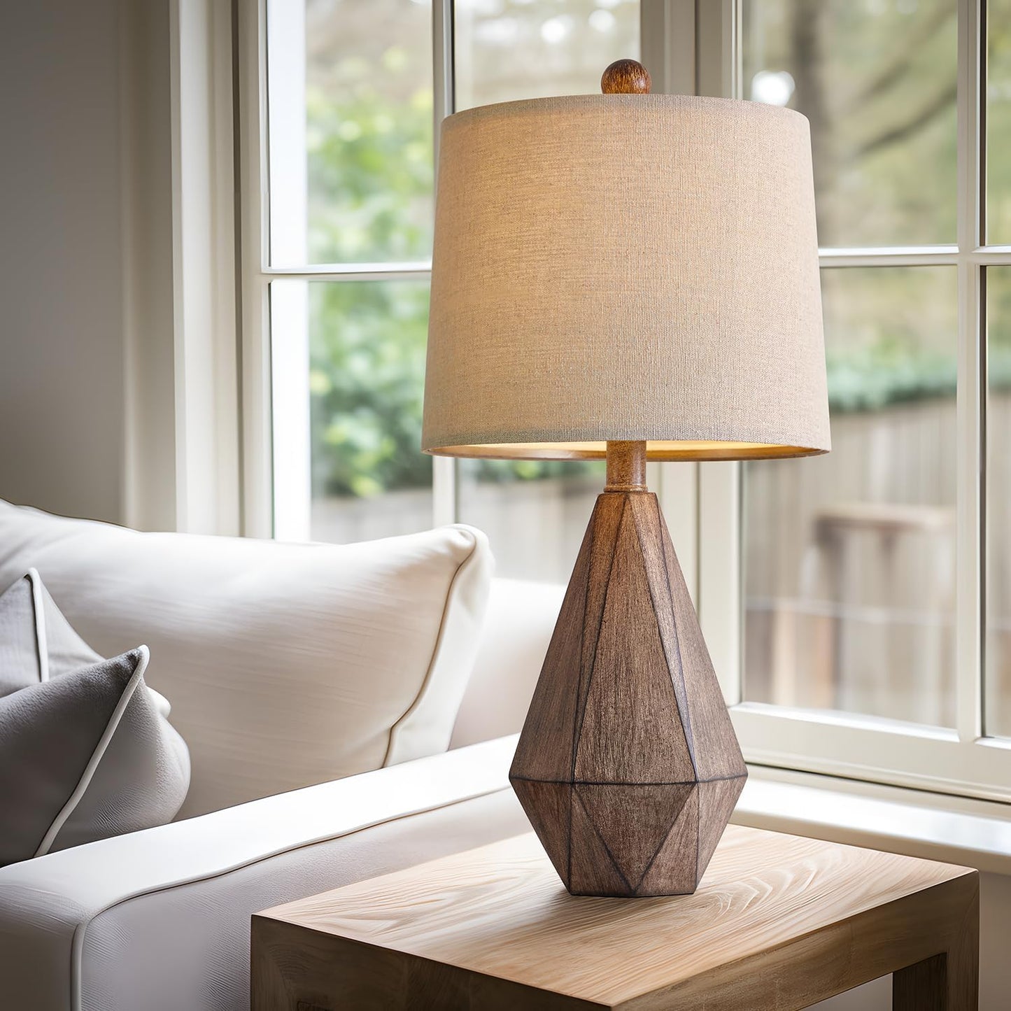 PoKat 20.25" Retro Farmhouse Table Lamp Set of 2 - Living Room & Bedroom Rustic Linen Bedside Nightstand Lamps for Kids, Study, Office - Resin, Suitable for Small Places