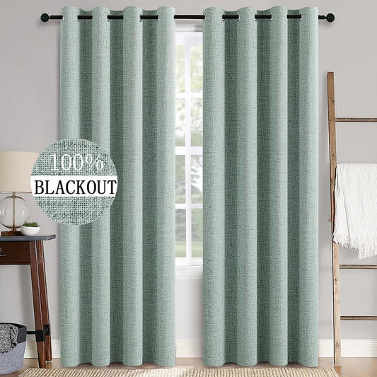 MIULEE Linen Texture Curtains for Bedroom Solid 100% Blackout Thermal Insulated Seafoam Green Curtains Grommet Room Darkening Drapes for Living Room Nursery 52x96 Inch (2 Panels)