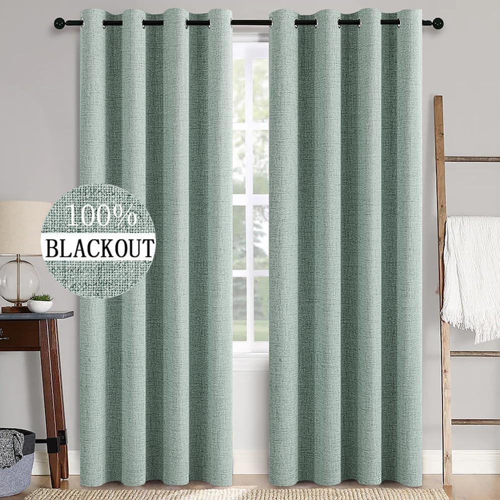 MIULEE Linen Texture 90 Inches Curtains for Bedroom 100% Blackout Thermal Insulated Seafoam Green Curtains Grommet Room Darkening Drapes for Living Room Nursery 52x90 Inch (2 Panels)