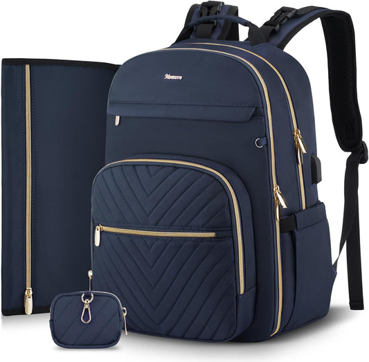 MOMUVO Diaper Bag Backpack, Quilted Baby Bag with Changing Pad & Stroller Straps & Pacifier Case, Large Travel Diaper Bags for Mom Dad, Blue