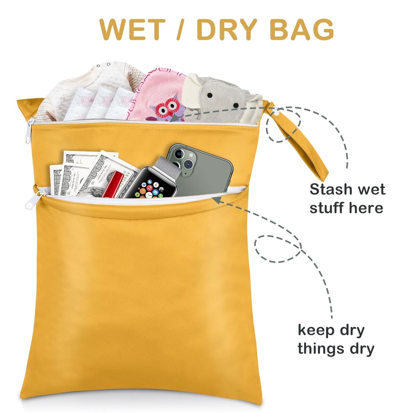 Angel Love Wet Bags, 2 Pack Baby Cloth Diaper Wet/Dry Bags with Two Zippered Pockets, Travel, Beach, Pool, Gym Bag for Swimsuits or Wet Clothes, Waterproof Washable Reusable, L216217