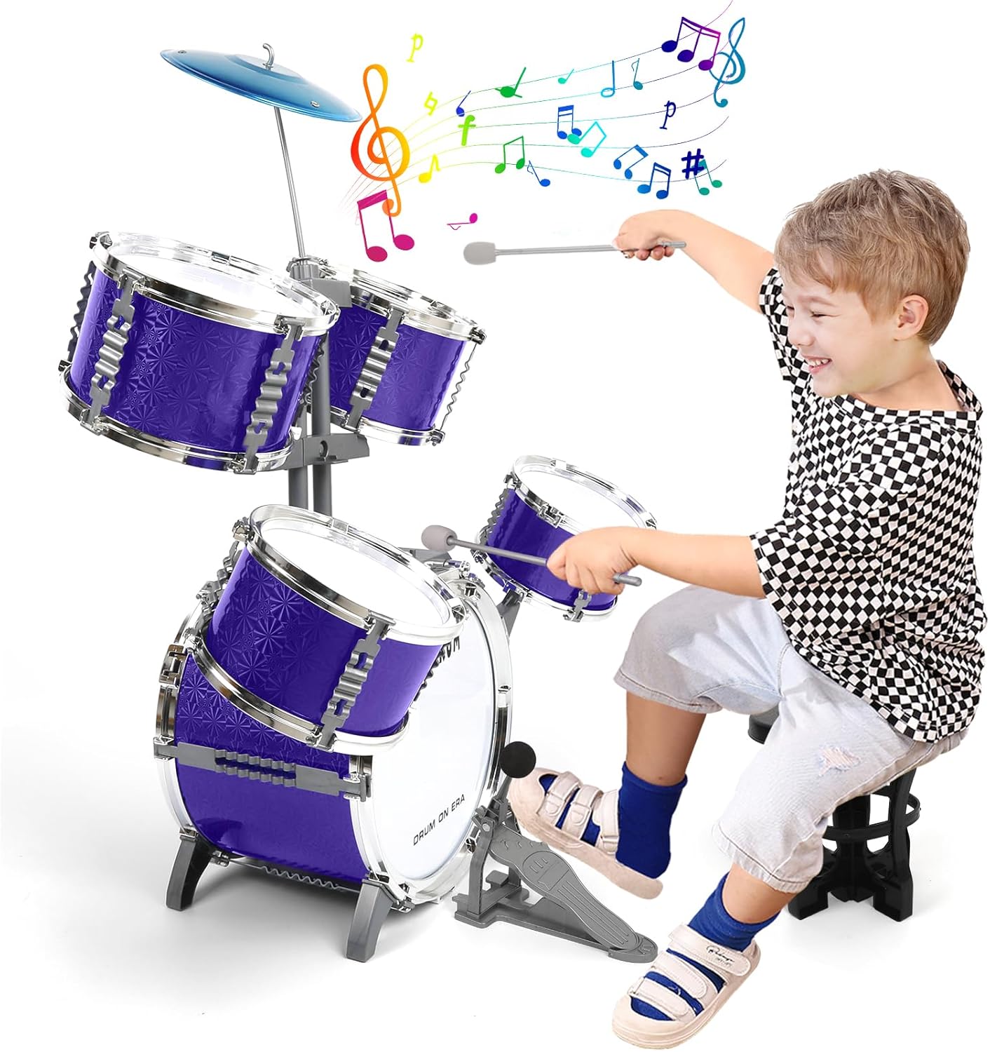 M SANMERSEN Kids Toys Jazz Drum Set - Upgraded Rock Drum Kit with Stool Musical Instruments Educational Birthday Christmas Toys Gifts for Toddlers Child Boys Girls Aged 3 4 5 6 7 8 Year Old