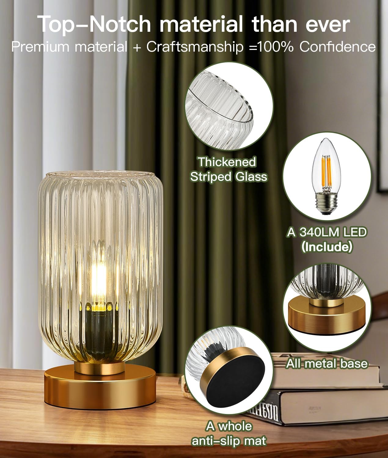 Touch Table Lamp for Nightstand - Small Bedside Lamps for Night Stands Bedroom Living Room, Dimmable Rechargeable Desk Lamp Battery Operated with Clear Glass Shade, Bulb Included