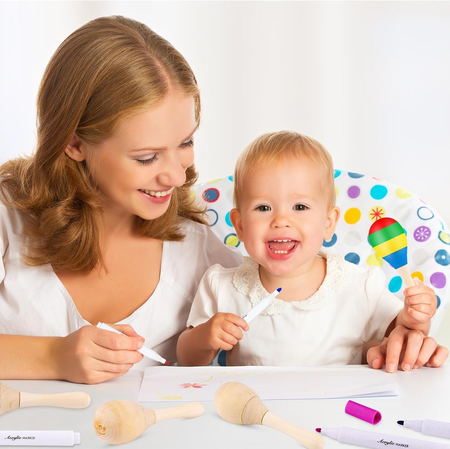 20Pcs DIY Wooden Maracas for Kids, Mini Maracas for Mexican Fiesta Party Favors with 12Pcs Multicolor Pens, Cinco De Mayo Party Supplies