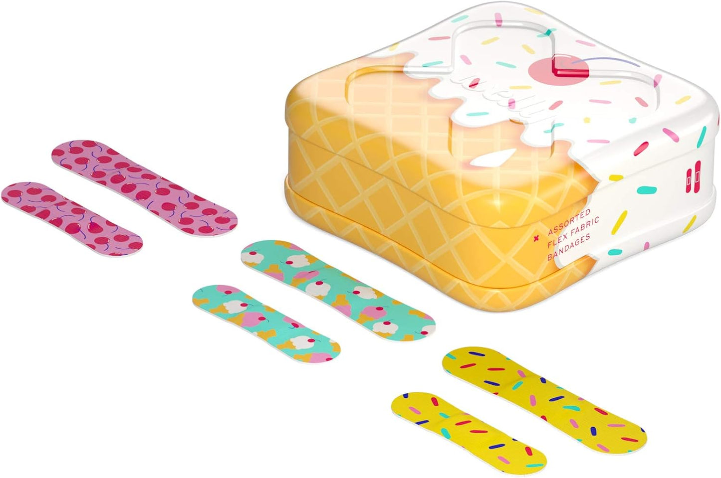 Welly Bandages | Adhesive Flexible Fabric Bravery Badges | Assorted Shapes for Minor Cuts, Scrapes, and Wounds | Colorful and Fun First Aid Tin | Ice Cream Patterns - 48 Count