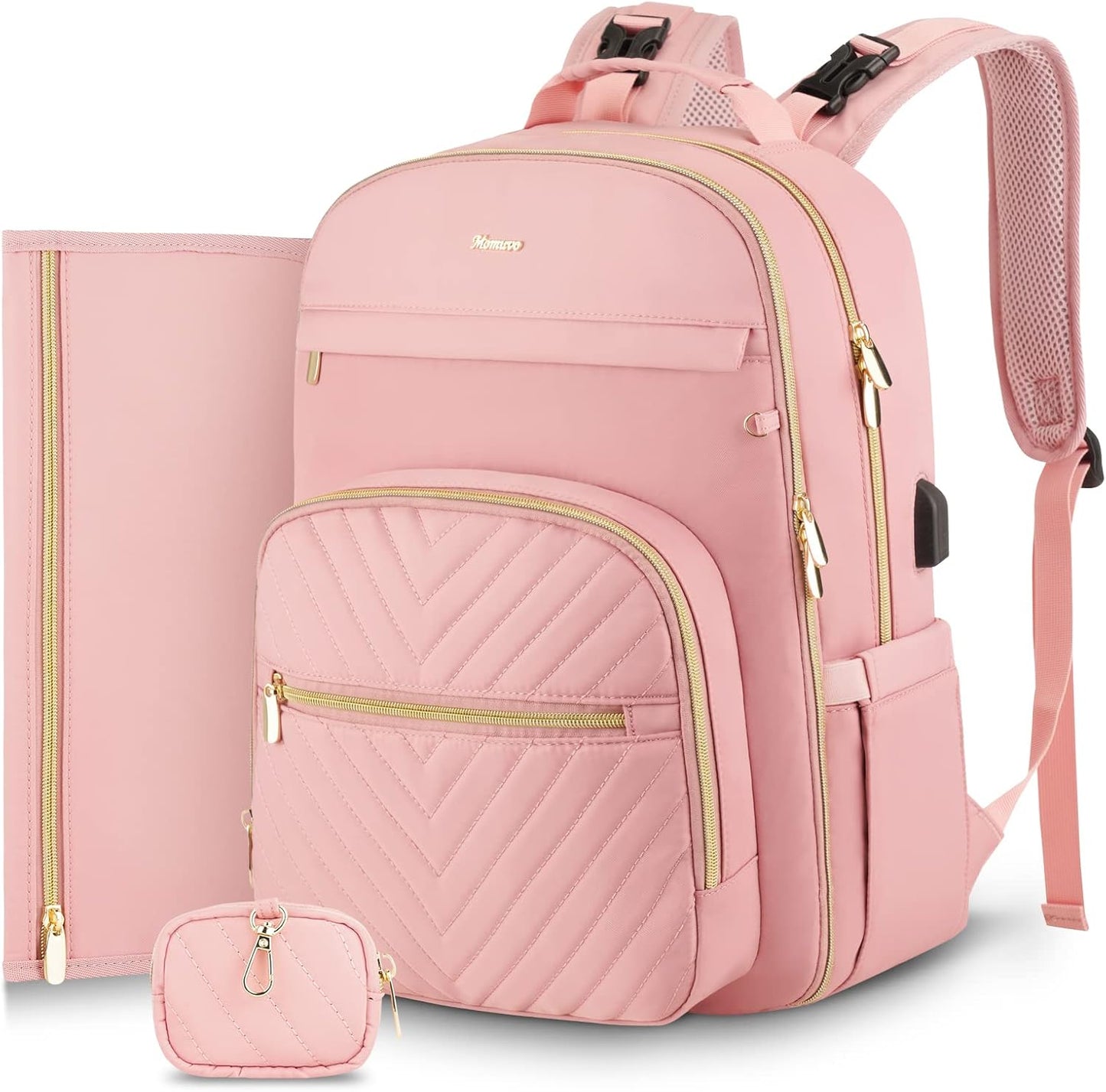 MOMUVO Diaper Bag Backpack, Quilted Baby Bag with Changing Pad & Stroller Straps & Pacifier Case, Large Travel Diaper Bags for Mom Dad, Pink
