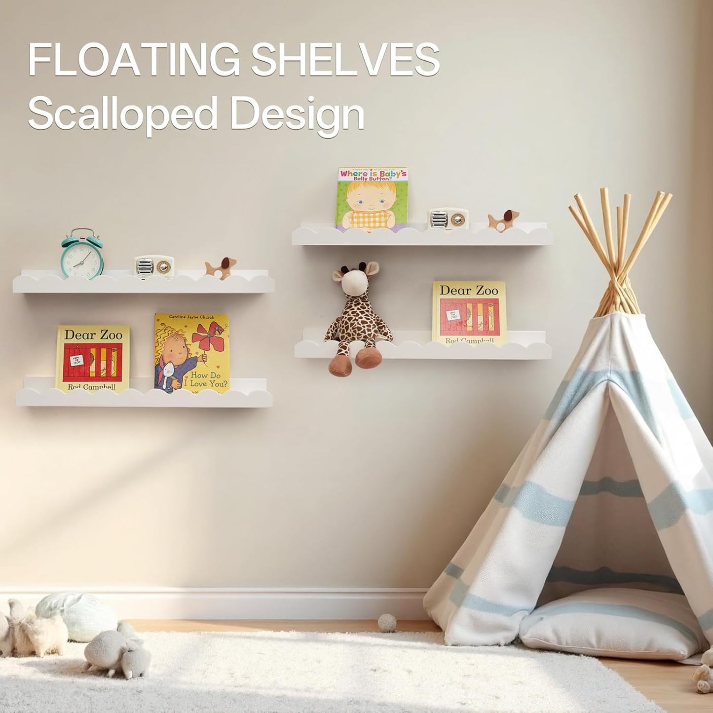 Nursery Book Shelves, Scalloped Floating Shelves 24inch Set of 2 Solid Pine Wood Wall Mounted Bookshelf with Wave Lip for Bedroom Kids, Toddler Room, Baby Room