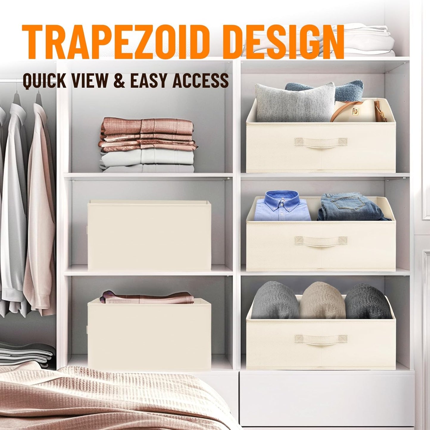 Criusia Closet Organizers Bins 8 Pack - Large Closet Shelf Organizer with Handles - Fabric Trapezoid Home Organization and Storage Baskets for Organizing Clothes Toy Blanket Towel Purse Hats