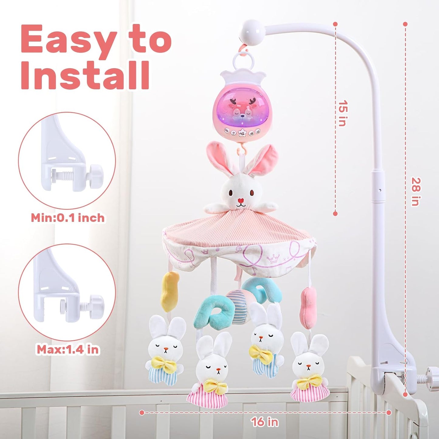 Baby Crib Mobile for Girls with Music, Lights & Projection, Adjustable Volume, 360° Rotating Plush Crib Toys with Detachable Musical Box, Hanging Mobile for Crib, Nursery Decor