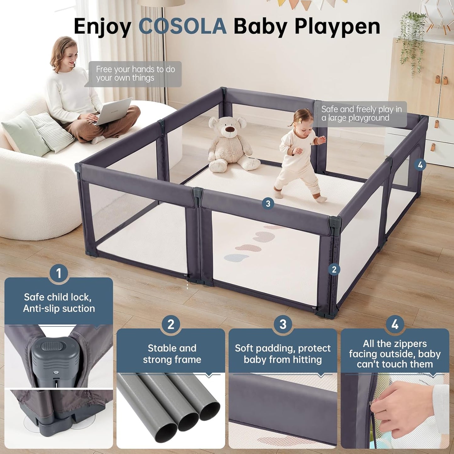 Foldable Baby Playpen, Shape & Size Adjustable Playpen for Toddler, 79x71 Large Play Pens Safety Mesh Foldable Playard for Babies, Portable Baby Fence Play Area Kids Play Pen, Dark Grey