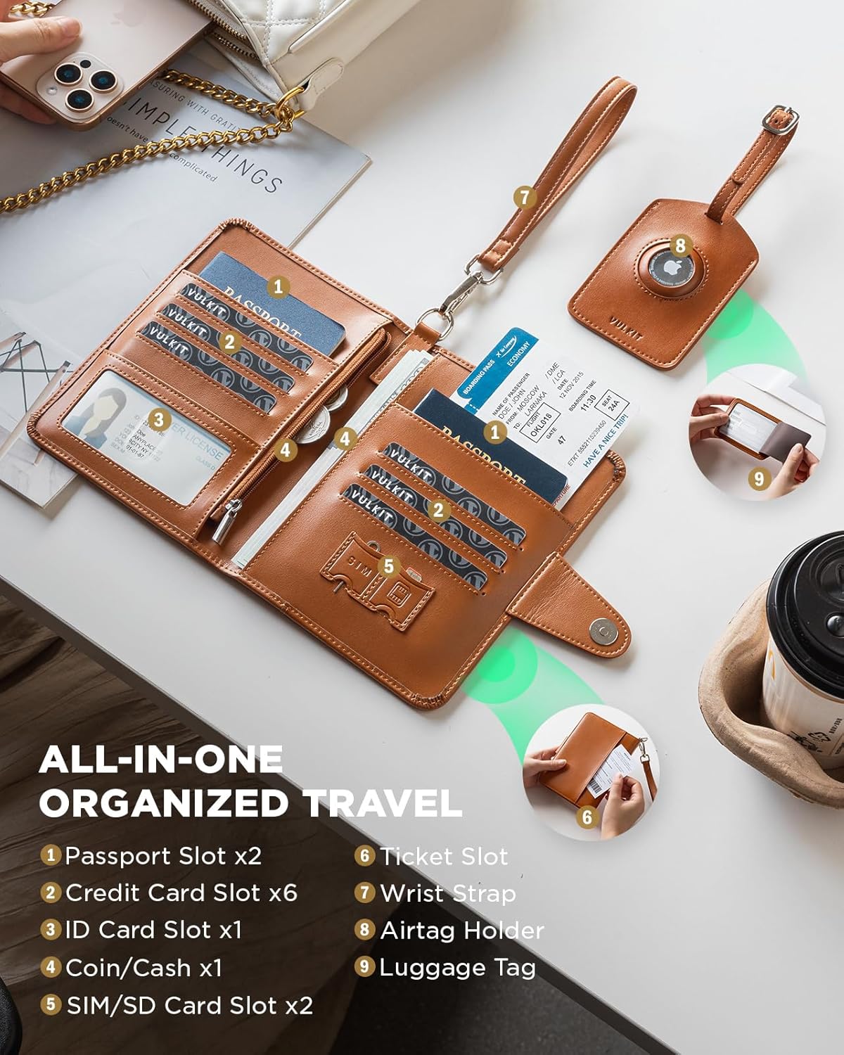 VULKIT Airtag Passport Holder for Travel, RFID Blocking Travel Wallet, Passport Cover for Family with Luggage Tag & Wrist Strap, Holds ID Card, 6+ Cards, Tickets, Cash, Coin, Brown, Family 4 persons