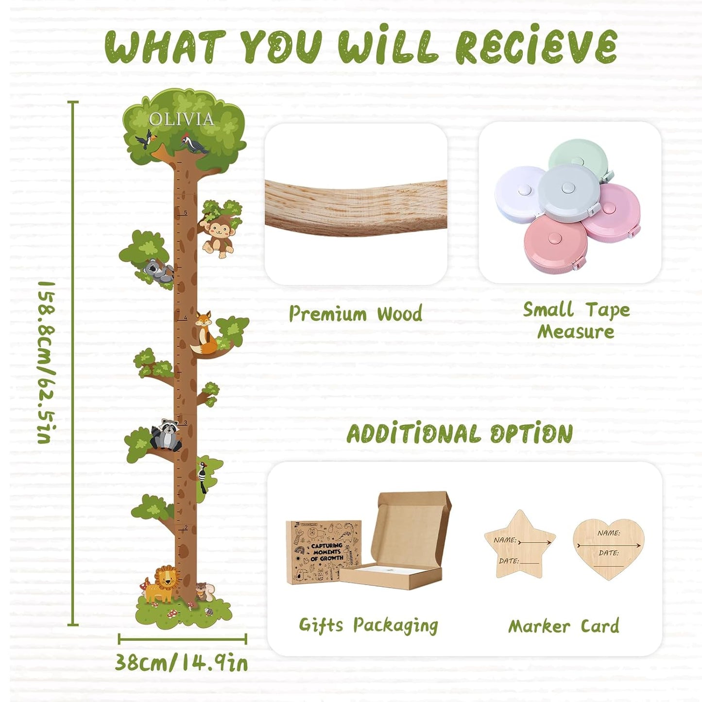 Personalized Name Growth Chart for Kids – Wooden Tree Wall Height Chart, Children's Height Measurement Ruler 62.5" x 14.9"