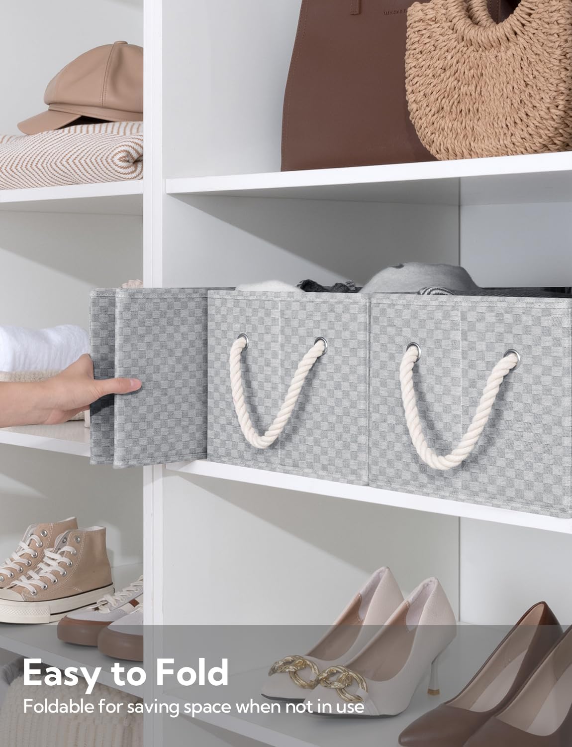 StorageWorks Storage Baskets for Shelves, Foldable Fabric Closet Storage Bins with Handles, Fabric Storage Bins Clothes Organizer, Gray Check, 3-Pack, Large