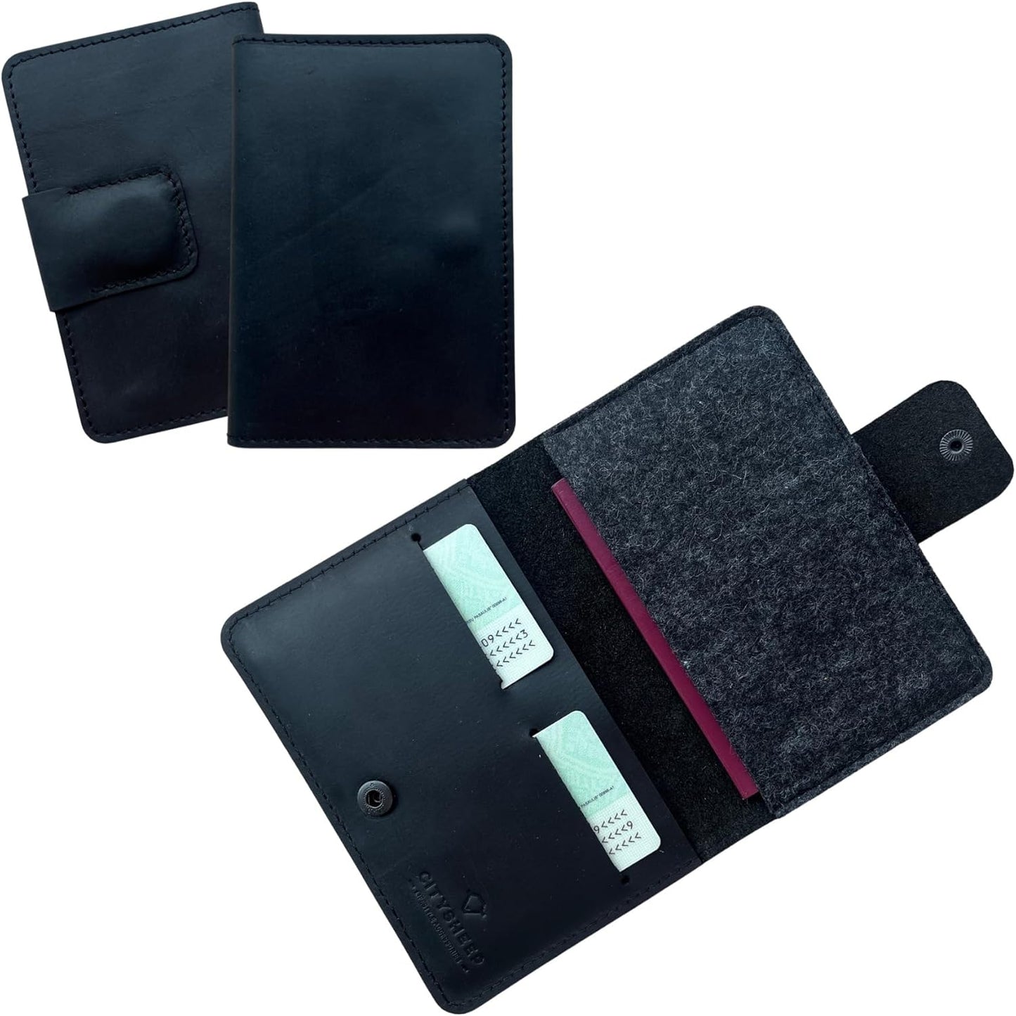 Family Passport Holder Compatible with Airtag Tracker Full Grain Leather Passport Wallet Cover with a Place for Airtag for Secure Travel Documents Storage. Black Color. CITYSHEEP