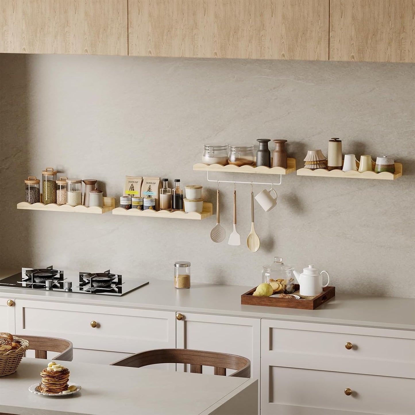 Fixwal Nursery Shelves, 16.5 Inch Floating Bookshelves for Wall Set of 4, Scalloped Wall Book Shelves with Towel Rack for Kids, Toddler Room, Baby Room, Nursery Decor and Storage(Natural Wood)