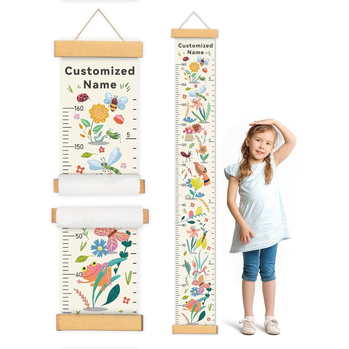 Personalized Name Growth Chart for Wall, Flower Birds Canvas Height Chart for Kids Baby Child Toddler Boys Girls, Canvas&Wood Growth Chart for Wall Room Nursery Decor,Easy Care
