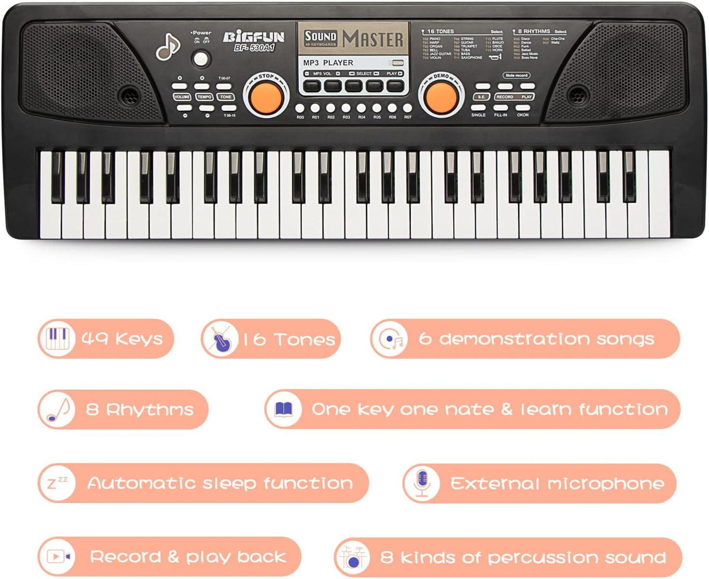 Raimy Piano Keyboard for Kids 49 Keys Portable Keyboard Piano Early Learning Educational Electronic Musical Instrument Toys Gifts for 3 4 5 6 7 8 9 Year Old Boys and Girls (Black)