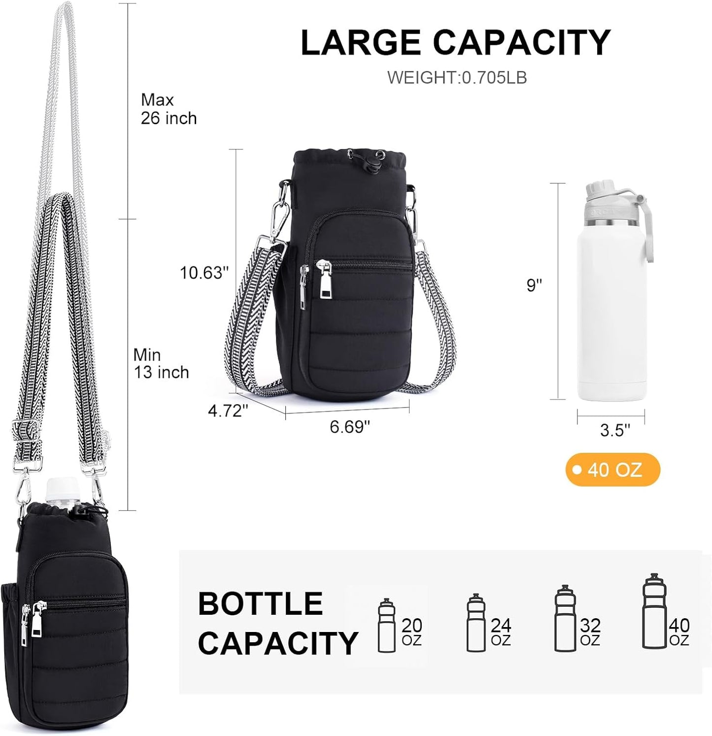 Water Bottle Bag 40 oz Crossbody Holder for Walking Hiking Insulated Carrier Purse with Adjustable Strap