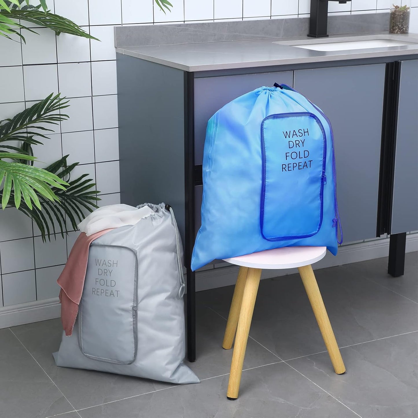 2 Pcs Travel Laundry Bag Washable Dirty Clothes Bag with Drawstring and Zipper for Suitcase, 22 x 18 Inch (Gray, Blue,Classic)