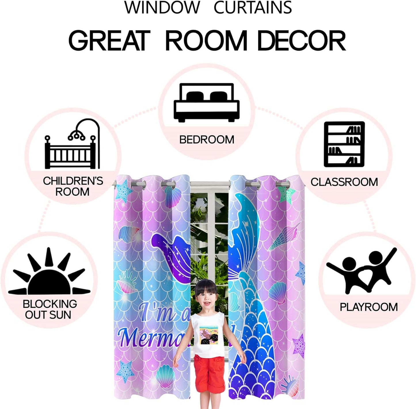Mermaid Curtains Panels for Girls Room Pink Mermaid Blackout Curtains 63 inch Length for Girls Bedroom Living Nursery Room Grommet Top Thermal Insulated Curtains, 2 Pcs Panels, 82" x 63"