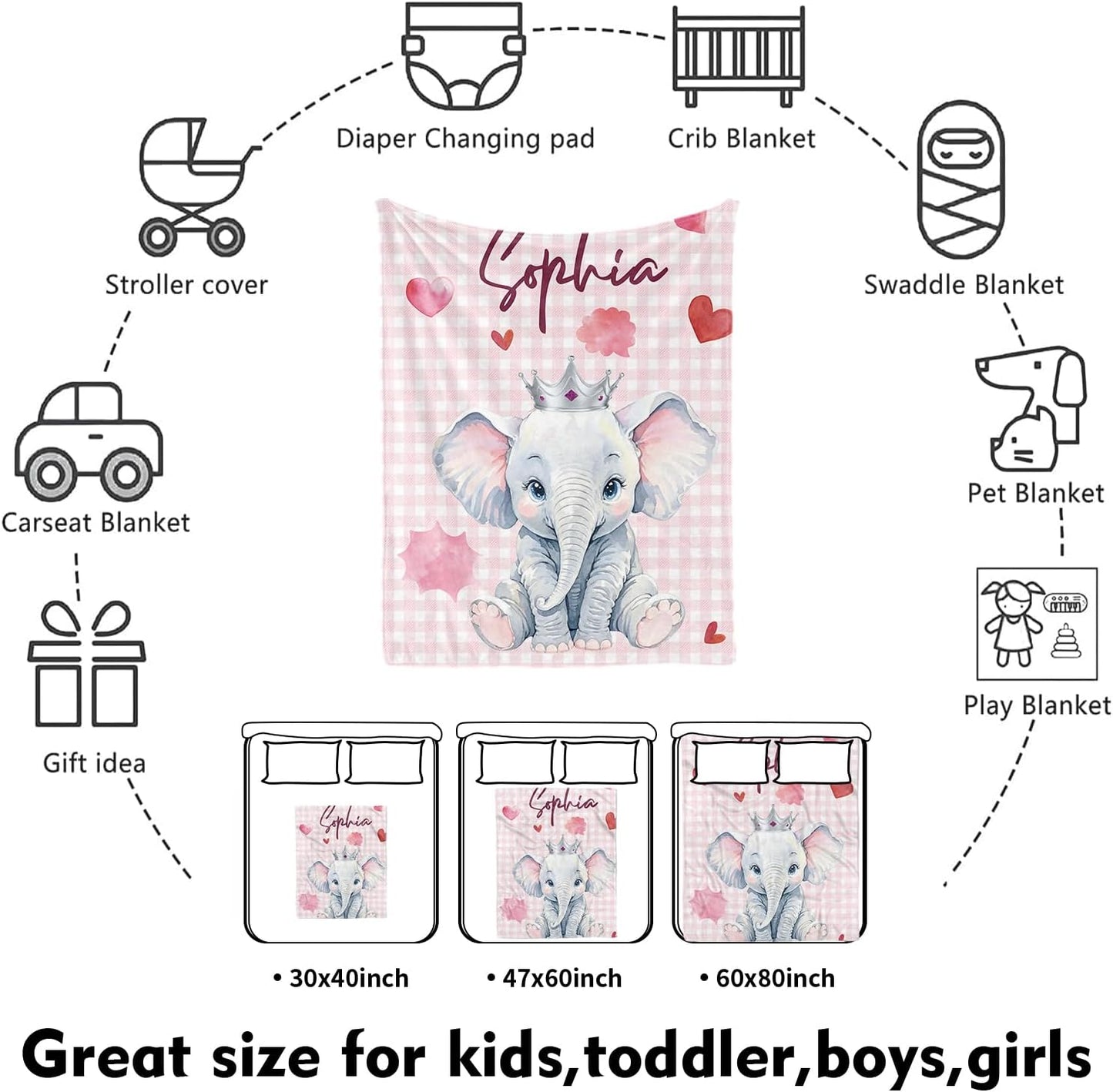 Custom Nursery Crib Bedding Set: Personalized Name 4 Piece Pink Checkered Elephant Pattern Baby Crib Sets for Girls - Toddler Double Layer Blanket Set, Comfortable Crib Bed Sheets for Baby Toddlers