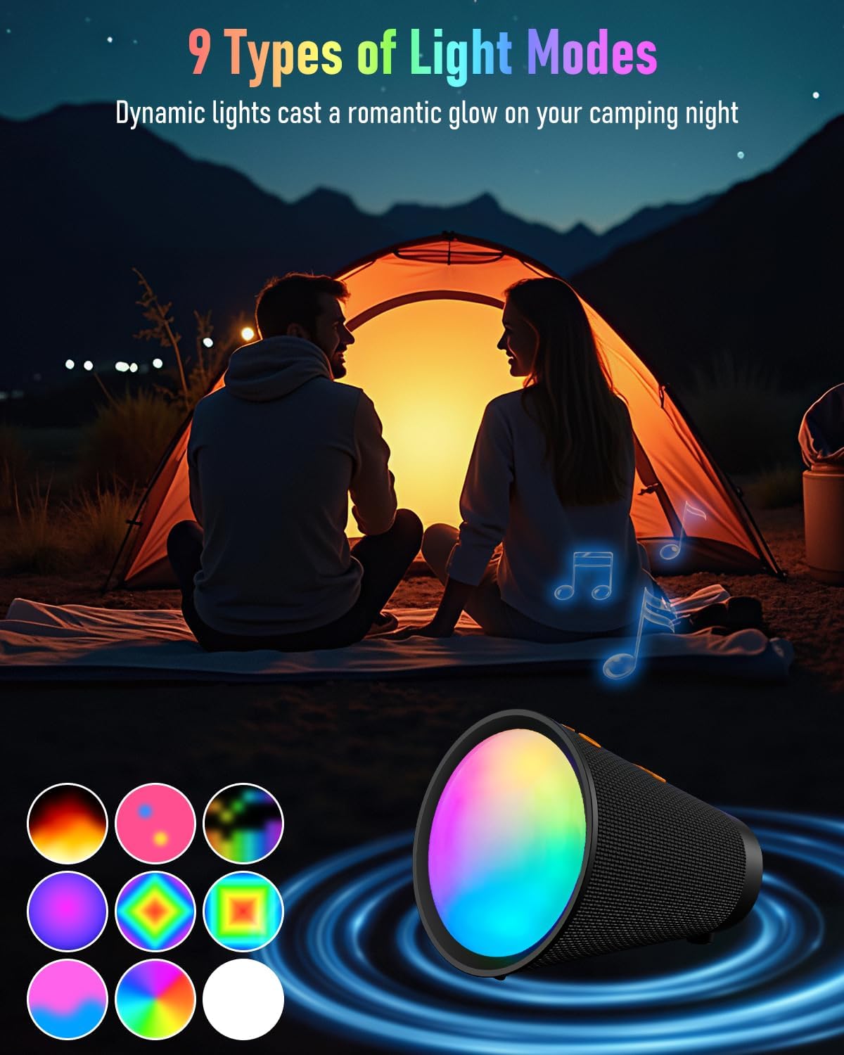Portable Bluetooth Speaker Wireless with 9 Color Lights, 20H Playtime, Stereo Pairing, Deep Bass, IPX6 Waterproof, Bluetooth 5.3, Small Speaker for Home, Party, Outdoor, Camping, Beach, Gift