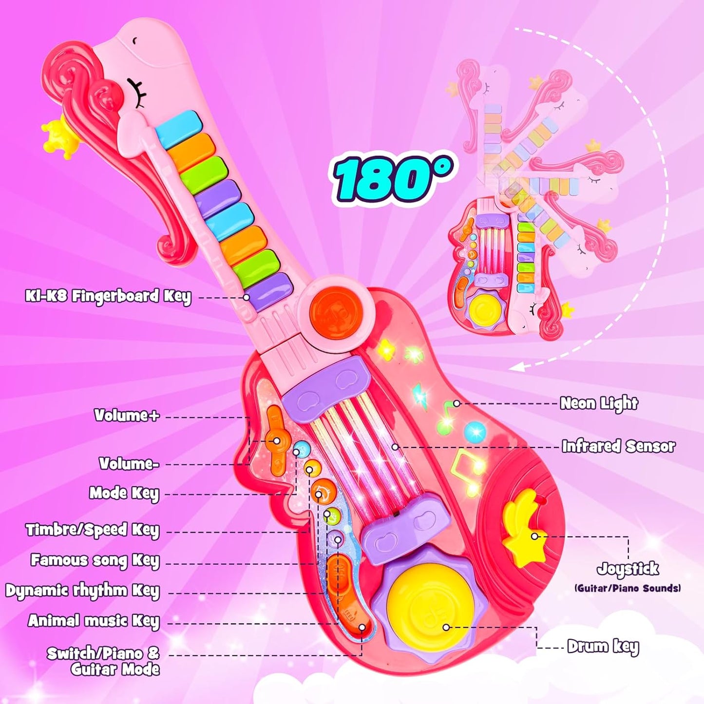 Kids Guitar Toy for 3 Year Old Girl Gift 2-in-1 Electric Guitars with Piano Mode for Toddlers 2-4 Light Up Music Toys for 2 3 4 5 Year Old Girls Boys Gifts