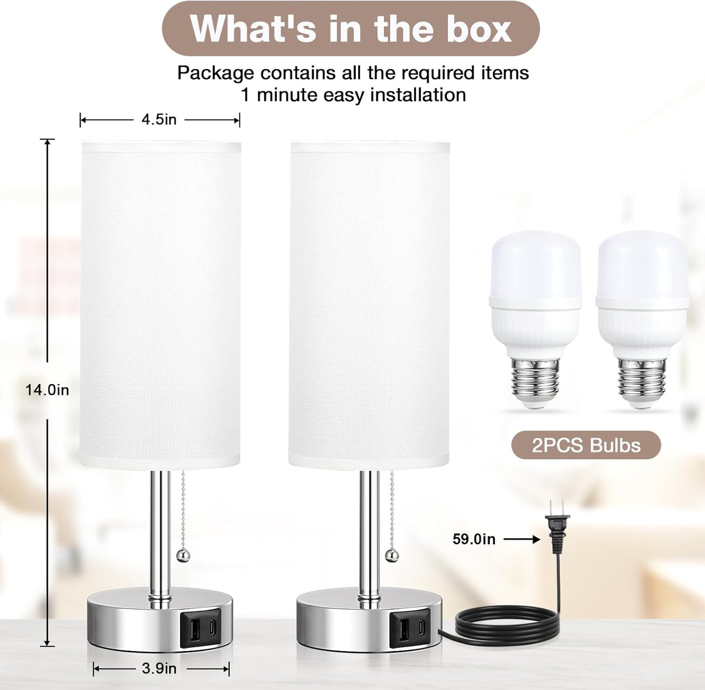 White Bedside Lamps for Bedroom Set of 2 - Nightstand Lamp with USB Charging Port, 3 Color Temperatures, Silver Base Night Stand Light, Side Table Desk Reading Lamp Dorm Room