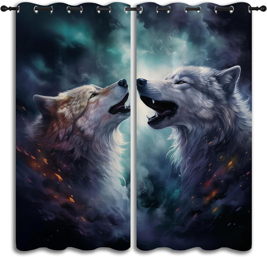 Forest Wildlife Blackout Curtains for Boys Girl Bedroom Decor,Blue Fantasy Starry Sky Howling Wolf Thermal Insulated Grommet Drapes Darkening Window Curtain for Living Room Home 55x63 inch